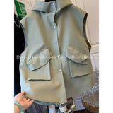 Double Pocket Casual Versatile Work Sleeveless Hooded Vest