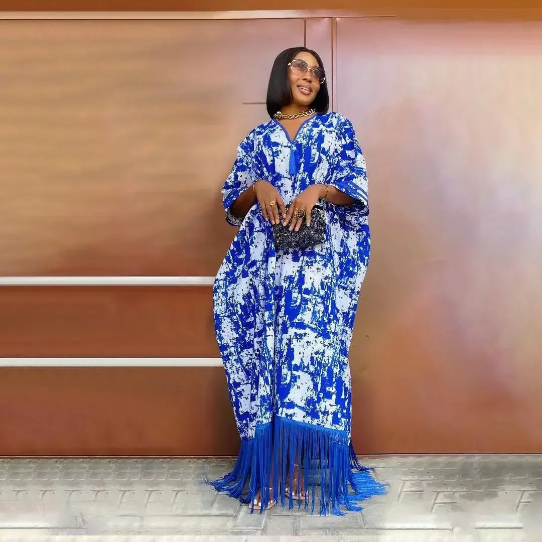 2025 African Dresses for Women Tassels African Fashion Boubou Dashiki Ankara Outfits Evening Gown Abayas Printing Kaftan Robe