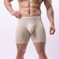 EUR Size Men Long Leg Boxer Shorts Underwear Mid Waist Sexy U Big Pouch Thin Panties Ice Silk Male Breathable Sports Underpants