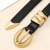 Women's Slim Fit PU Belt, Fine Waistband, Denim Pants, Formal Pants, Fashionable Black Belt with Gold Buckle