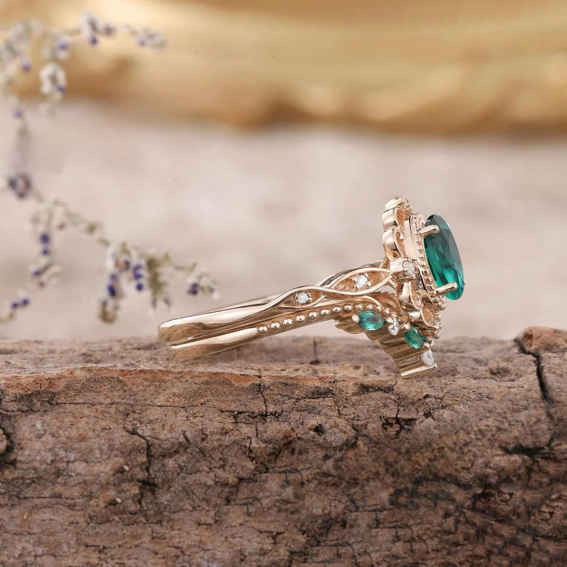 Classic Rose Gold Emerald Pair Ring for Women