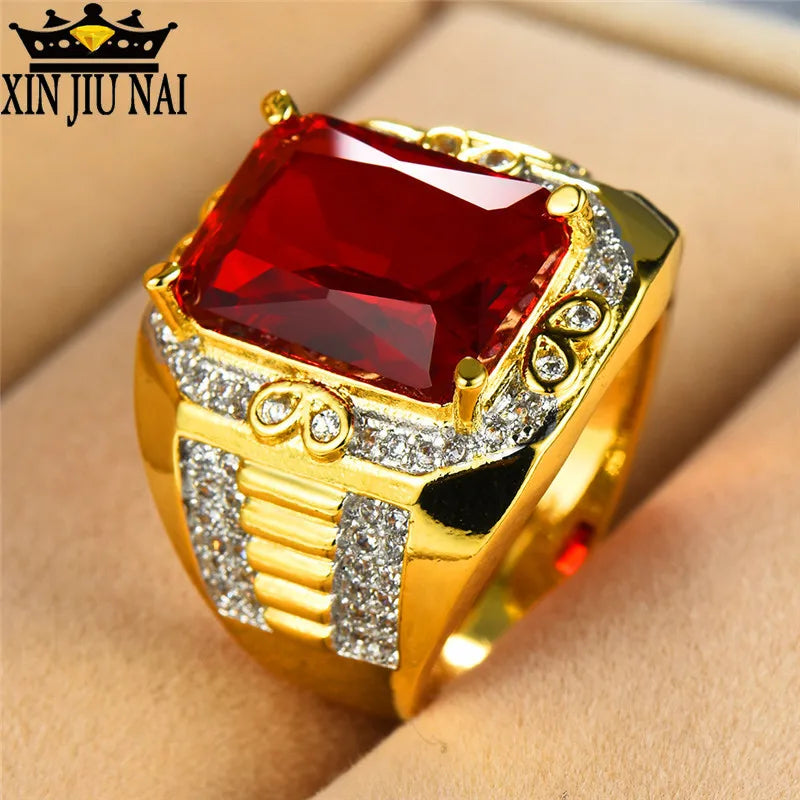 Gorgeous Male Big Red Stone s925 Ring Fashion 18KT Yellow Gold Filled Vintage