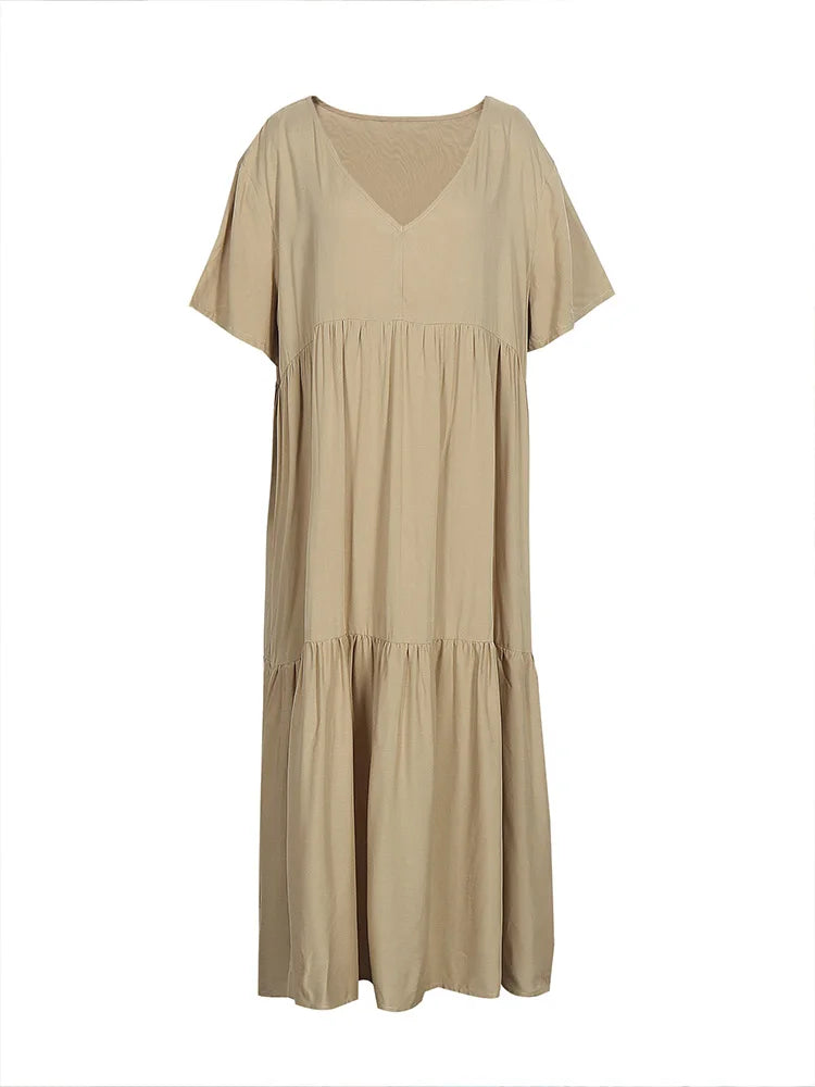 Plus Size Summer V-Neck Short Sleeve Pleated Dress