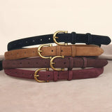 Fashion Women Belt Suede Genuine Leather Skinny Waistband Gold Buckle Wine Red Belts for Jeans Pants Casual
