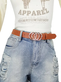 Women's Belt Trend Triple Round Buckle Belt Simple Versatile Youth Belt PU Leather Belt Paired with Jeans Dress Ladies Belts