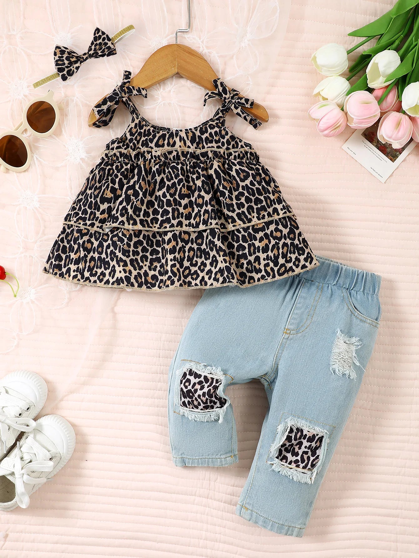 3 Pcs Leopard Bow Top+Blue Jeans+Headband Set