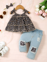 3 Pcs Leopard Bow Top+Blue Jeans+Headband Set