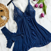 Deep V Lace Thong Ruffle Bra & Pajama Set