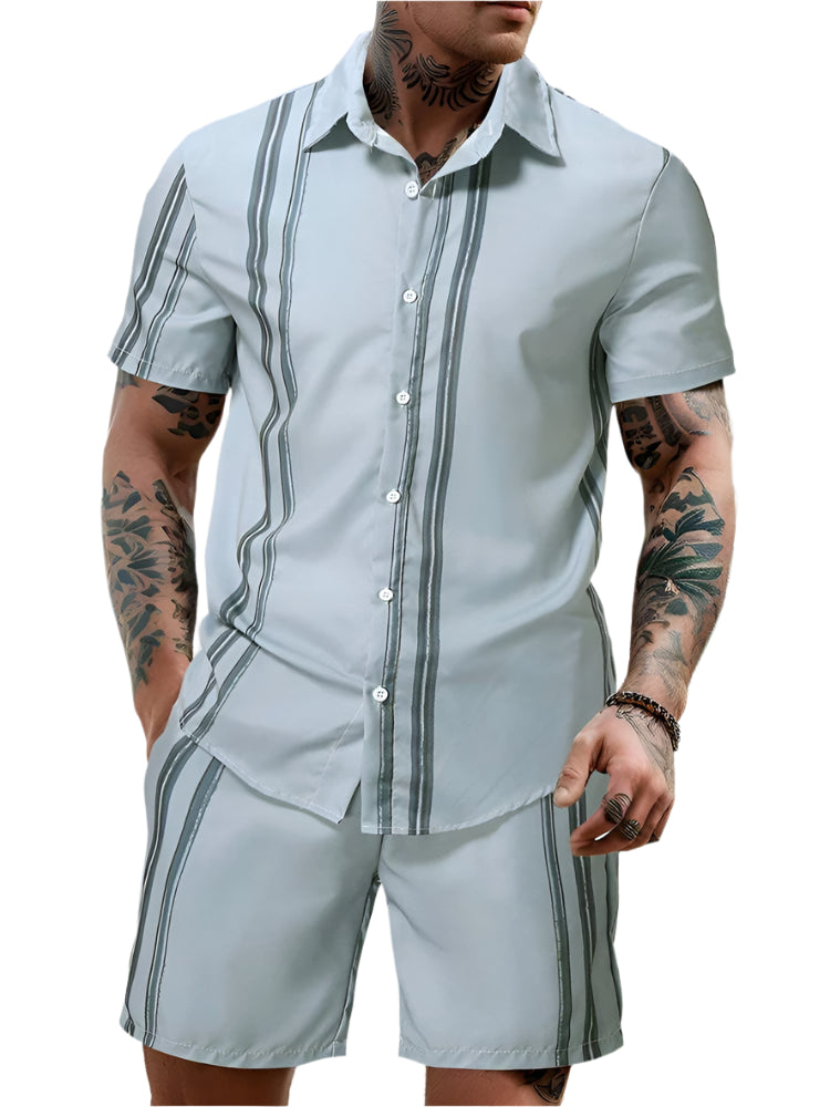 Men's Simple Strip Casual Shorts Set