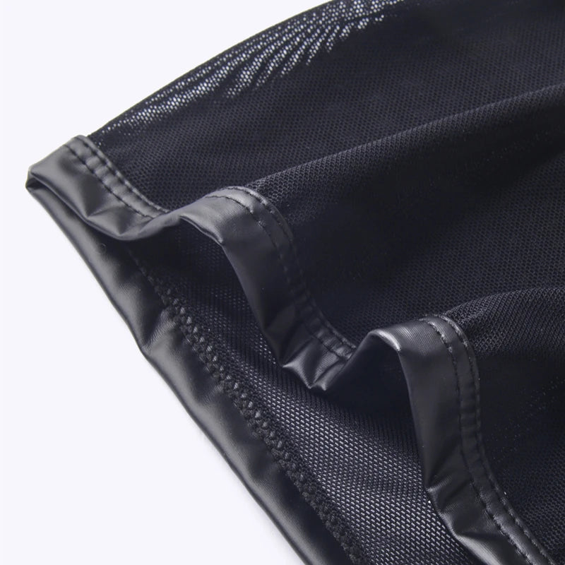 Fitness Long Men Boxer Underwear Mesh Faux Leather Men's Boxershorts Panties Long Leg Trunks Sexy Pouch Opened Button Underpants