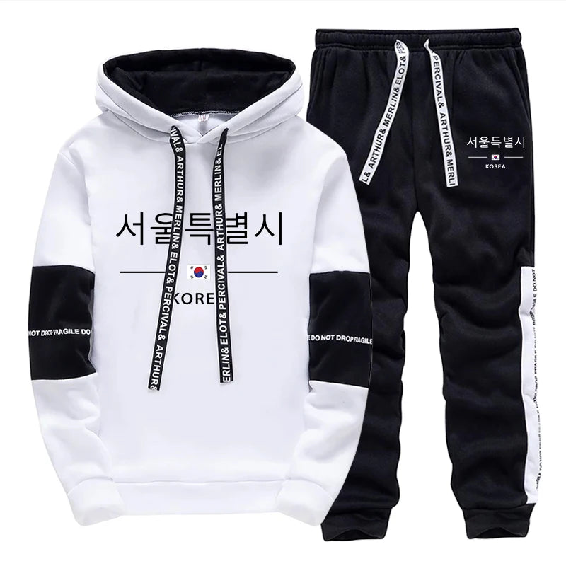 Mens Tracksuit Print Casual Sweatshirts Sportswear Outdoors Sports Jogging Mens Clothing Single Piece Hoodie Pants Korean Style