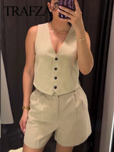 Women V Neck Button Crop Vest Top & Short Set