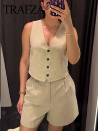 Women V Neck Button Crop Vest Top & Short Set