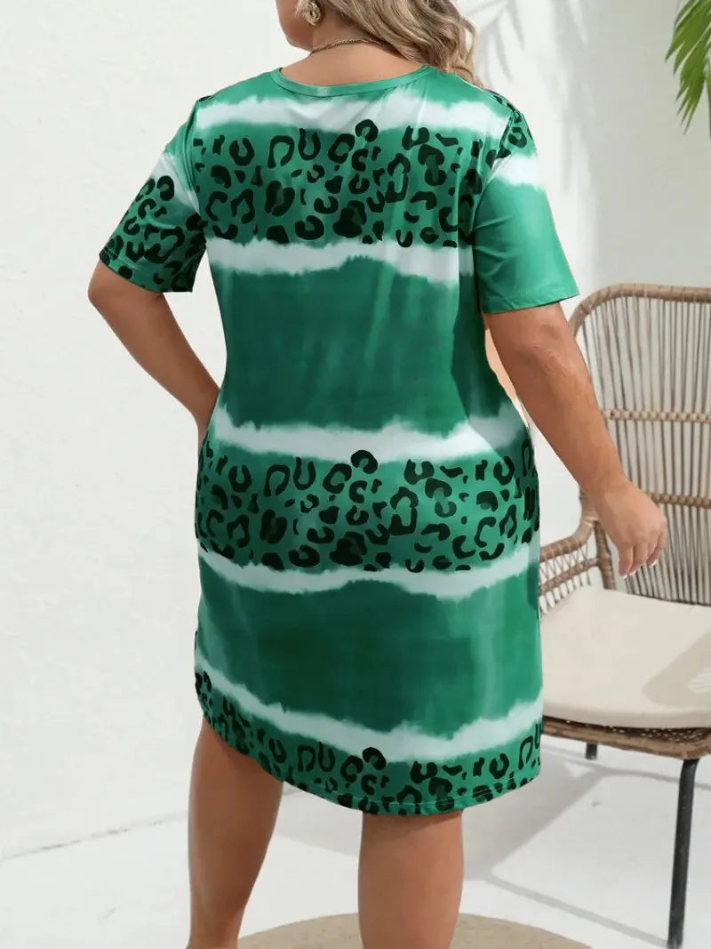 Plus Size  Women's 1XL-8XL Fashion Casual Dress Short Sleeve Dress Tie Dye Leopard Short Sleeve V Neck Slight Stretch Dress