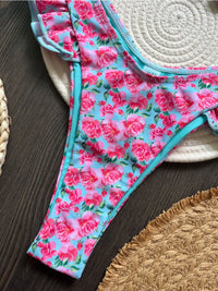 Ruffle Floral Backless Thong Print Bikini