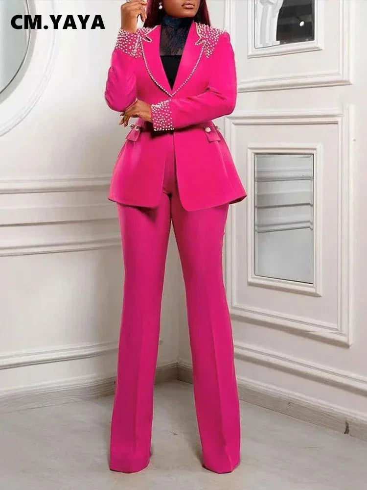 Women's Pearl Splicing Blazer and Wide Pants Set