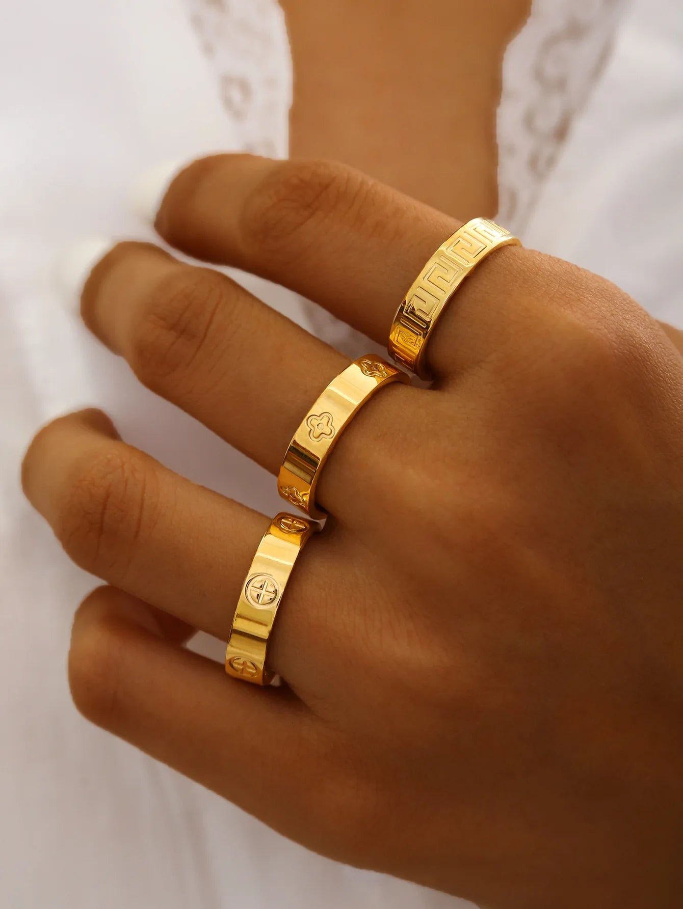 18K Gold, Great Wall Pattern, Four Leaf Flower, Cross Ring For Women