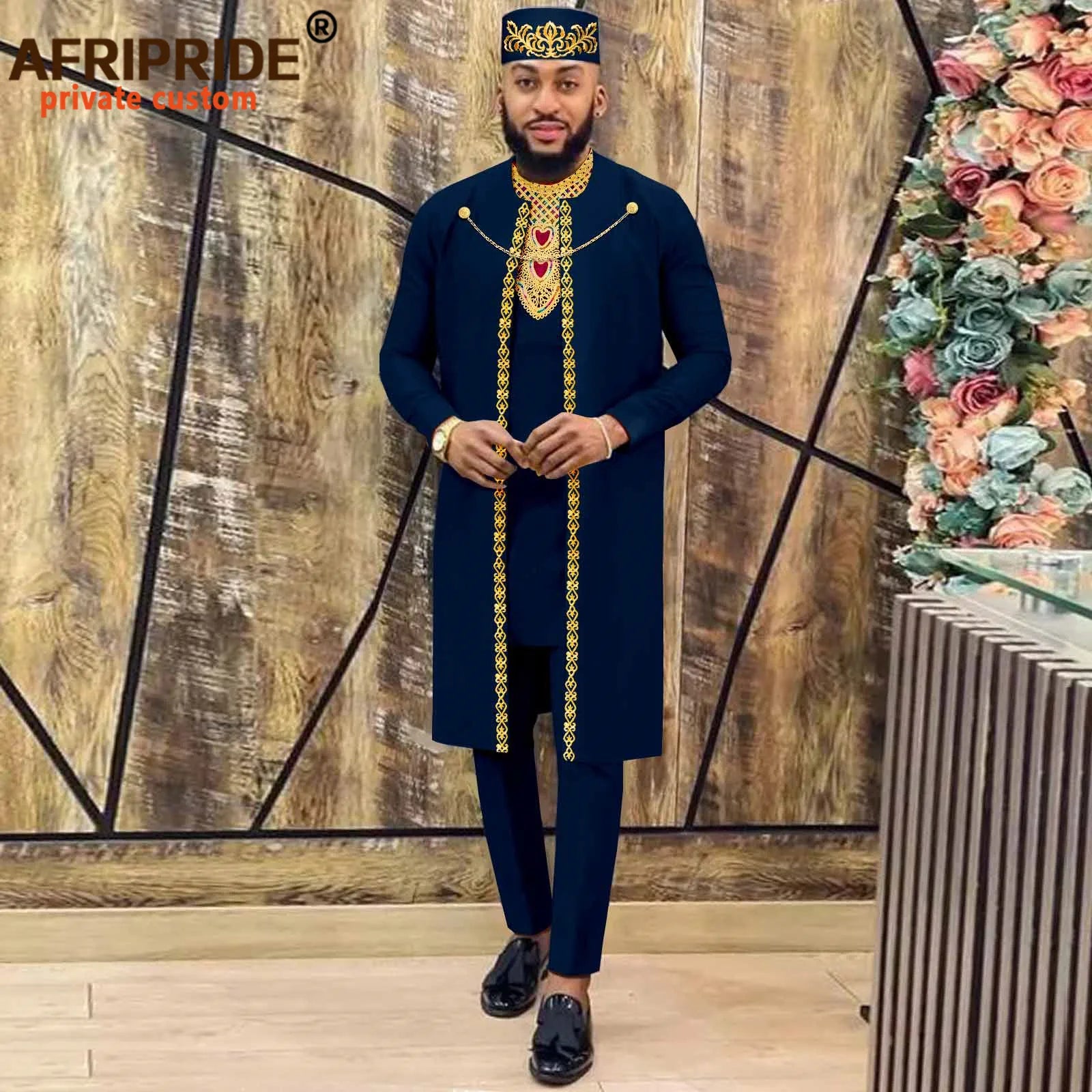 African Clothes for Men Agbada , Shirts, Pants, and  Hats 4 Piece Set - A2216013