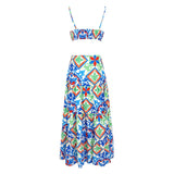Elegant Printed Drawstring Halterneck Long Dress