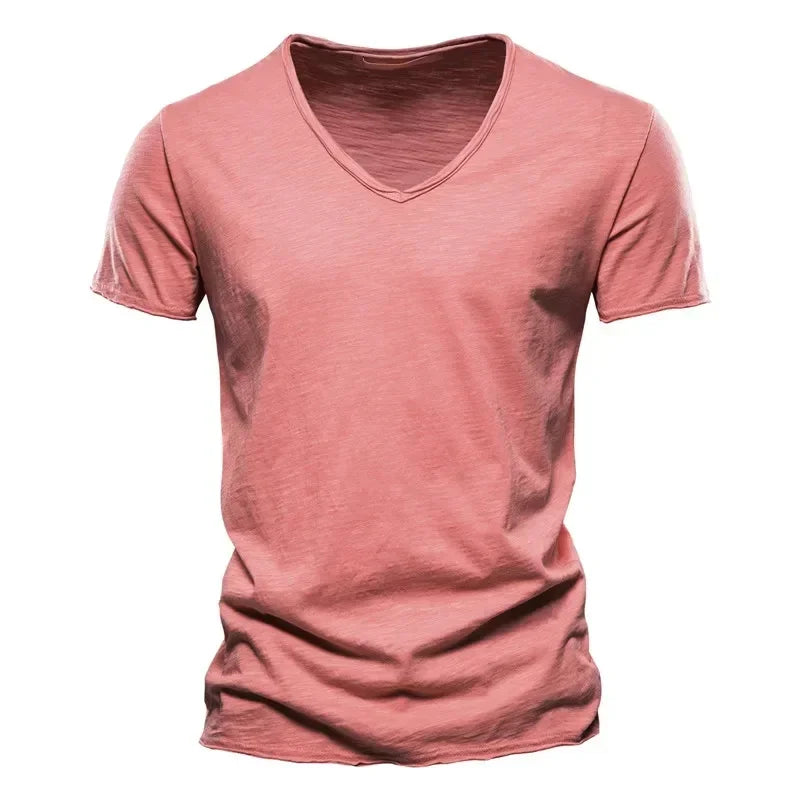 Solid Color V-Neck Pure Cotton T-Shirt