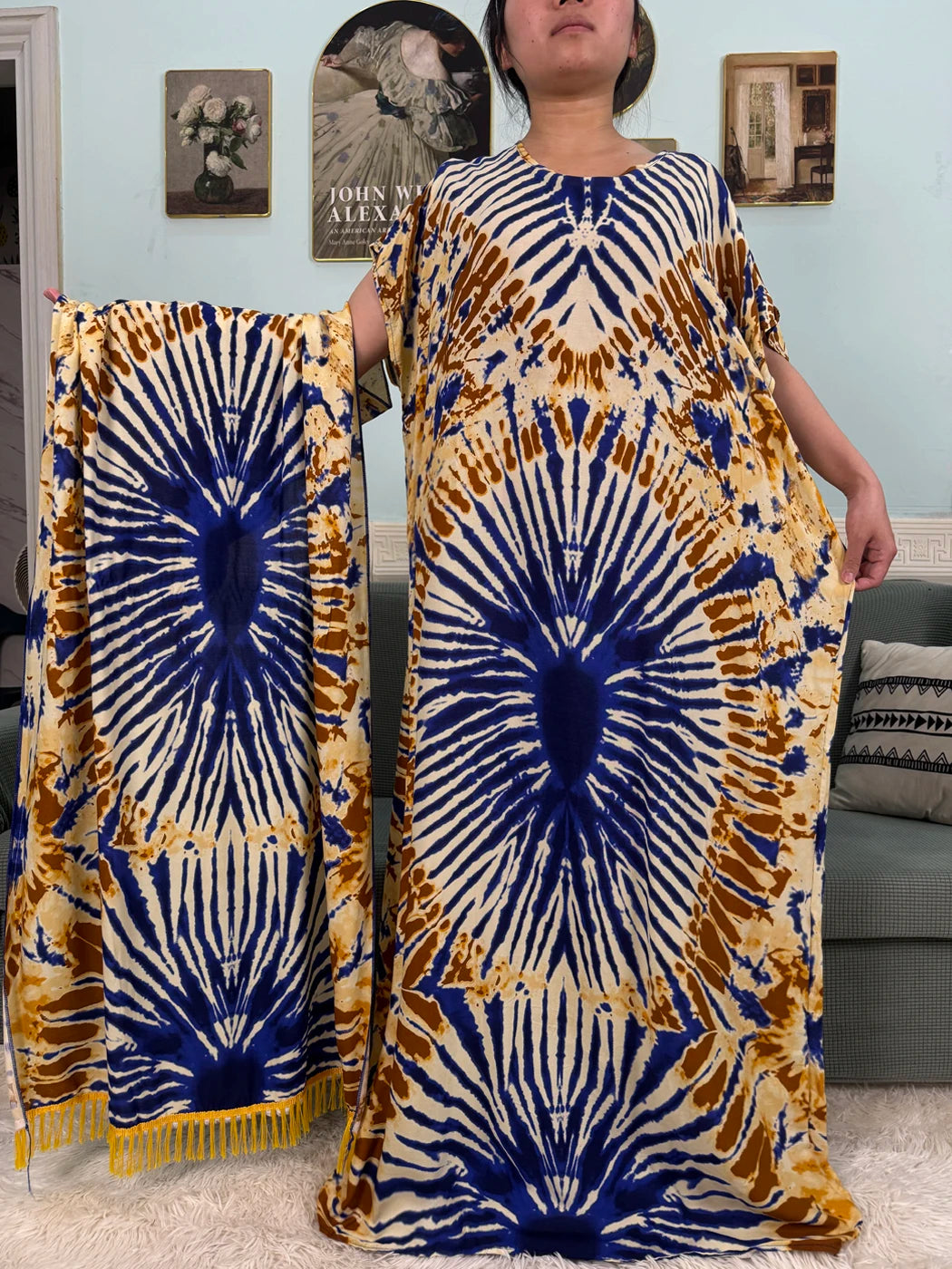 African Dresses For Women 2025 Floral Cotton Loose Femme Robe O-neck Muslim Islam Abaya Sets With 160x80cm Shawl Hijabs Scarf