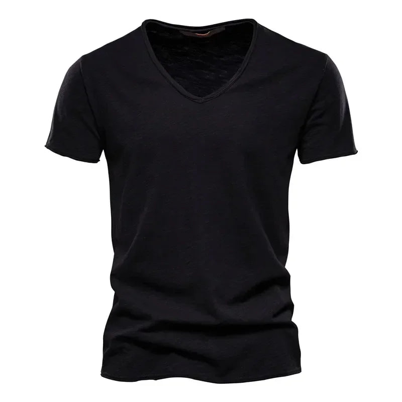 Solid Color V-Neck Pure Cotton T-Shirt