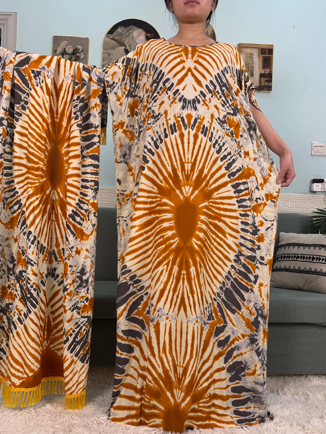 African Dresses For Women 2025 Floral Cotton Loose Femme Robe O-neck Muslim Islam Abaya Sets With 160x80cm Shawl Hijabs Scarf