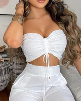 Drawstring Bandeau Crop Top & Casual Shirred Pants Sets