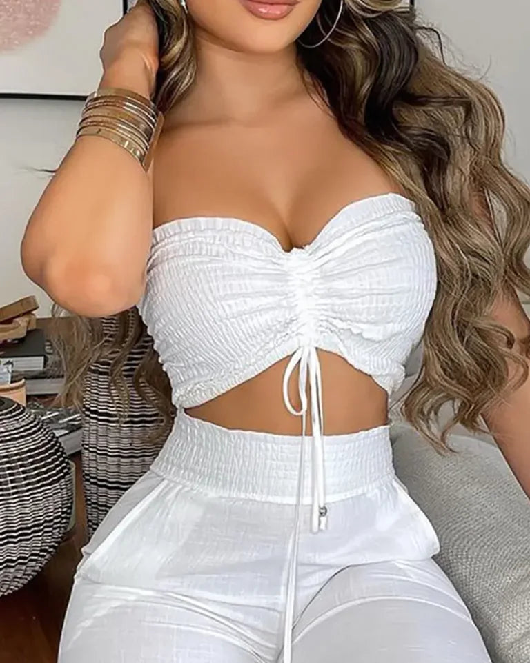 Drawstring Bandeau Crop Top & Casual Shirred Pants Sets