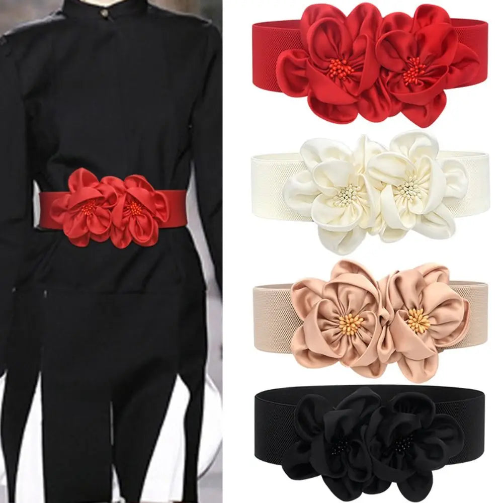 Women Fashion Floral Wide Elastic Belt Casual Trendy Waist Band Chic Ladies Dress Cummerbands Skirt Dress Coat Decor Accessories