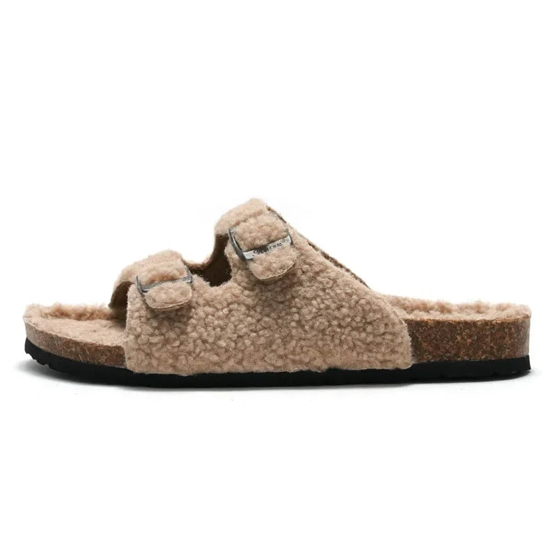 Casual Solid Buckle Sheep Fur Cork Slipper