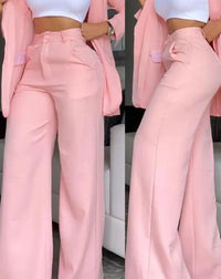 Casual Solid Split Collar Coat and Pants Set