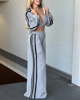 Casual Zipper Striped Long Sleeve Top & Pocket Trousers