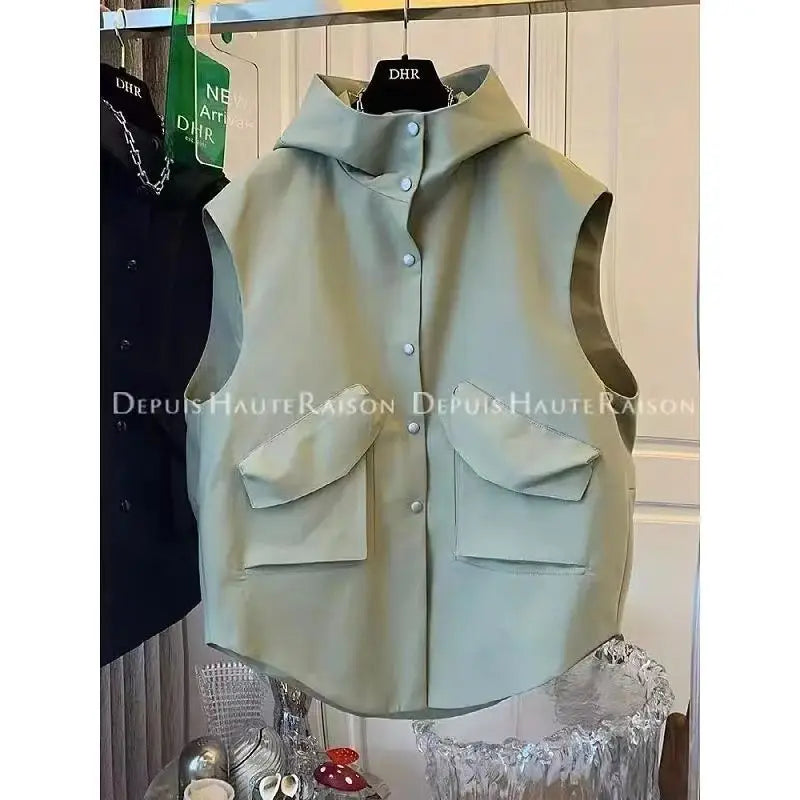 Double Pocket Casual Versatile Work Sleeveless Hooded Vest