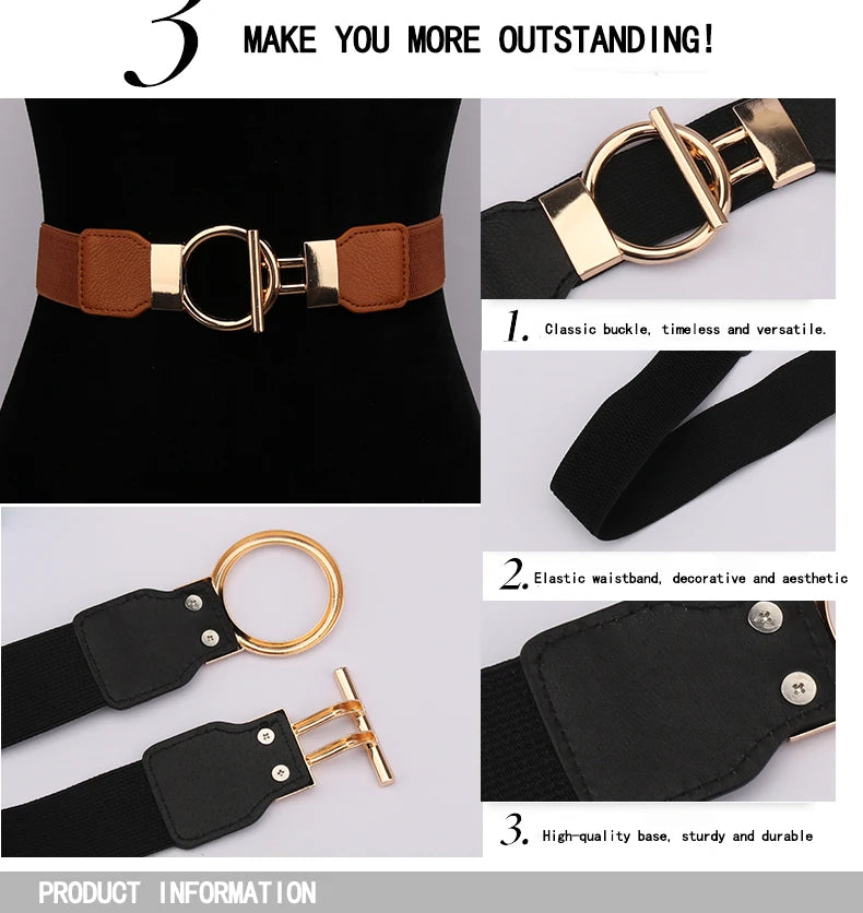 Women's Fashion Round Buckle Belt, Simple 4cm Wide Elastic Waistband, Decorative Temperament Waist Cincher