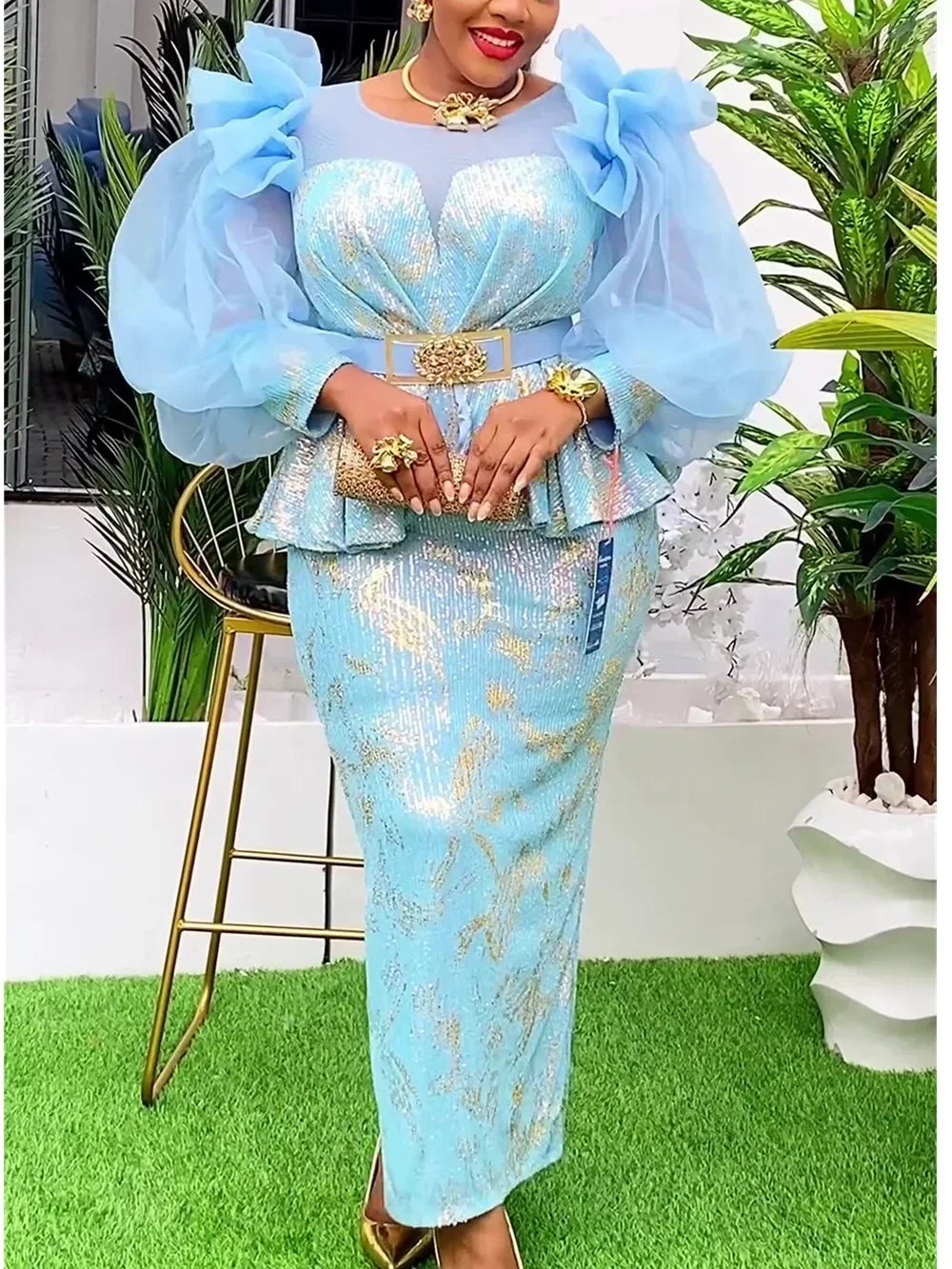 African  Fashion Plus Size Sequin Evening Party Long Dress