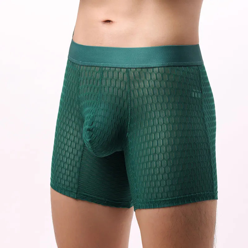 Fashion Ice Silk Underwear Long Leg Boxer Shorts For Man EUR Size Summer Thin Quick Dry Panties Lace Sexy Lengthen Underpants