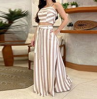 Striped Sleeveless Tube Top + Lace Up High Waist Pants