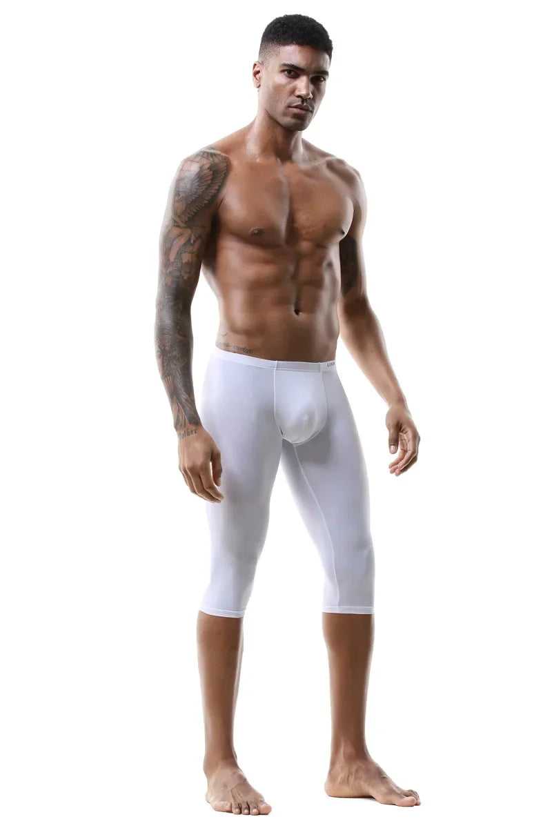 Men's Ice Silk Long Leg Trunk Sexy U Conevx Pouch Boxy Underwear Sports Fitness Running Shorts Pants Extended Knee Length Boxers