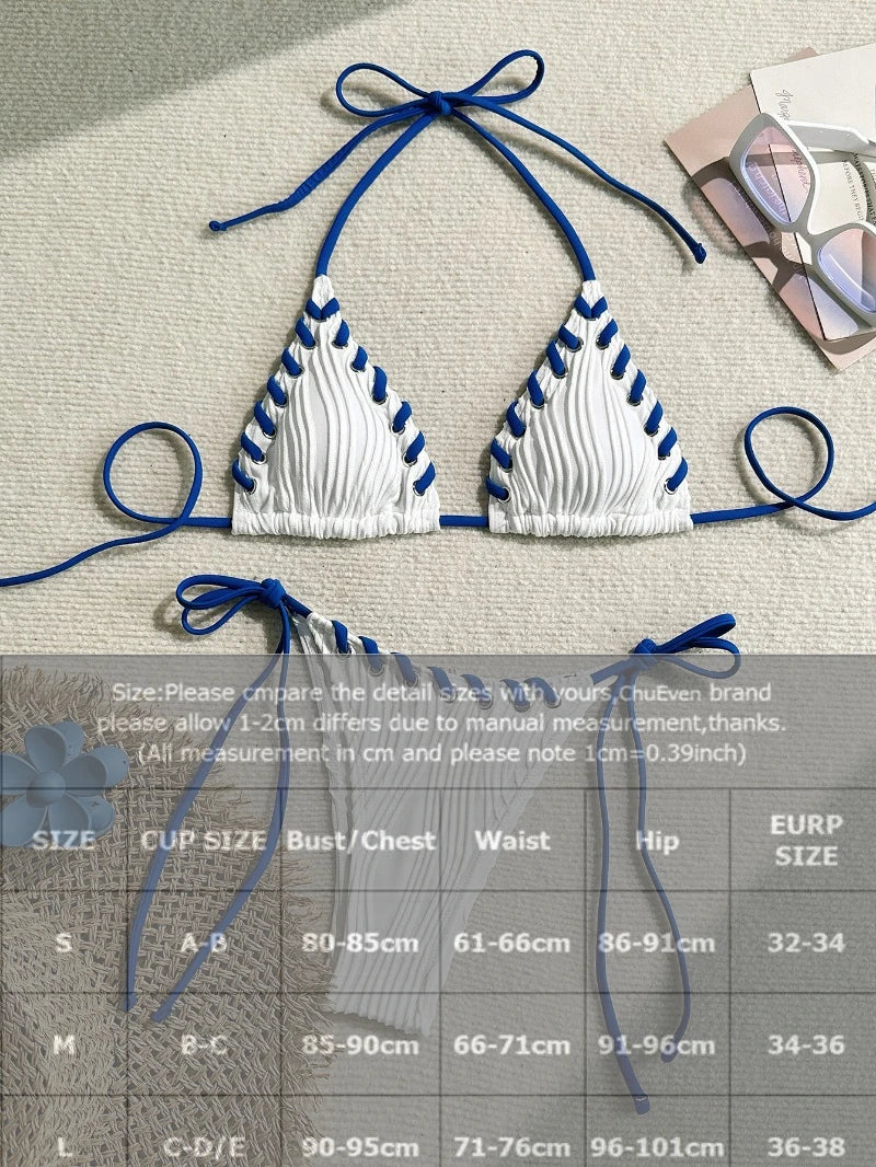 2 Pcs Blue & White Bikini Swimsuit