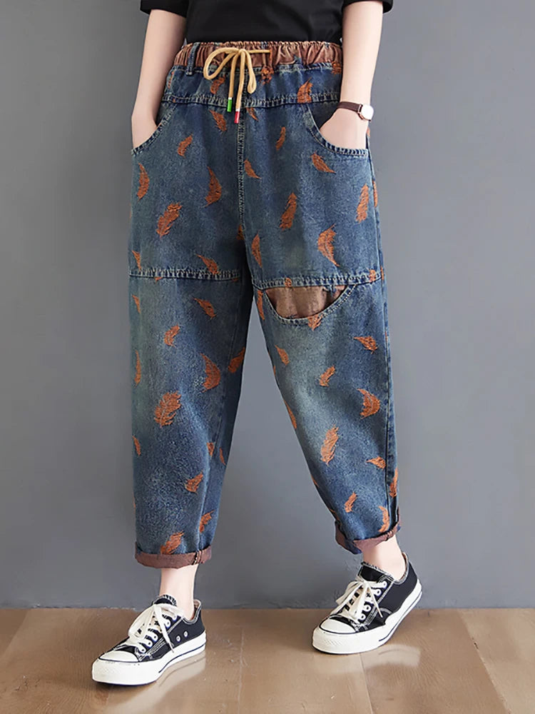 Feather Embroidery Loose Thin Drawstring Pants