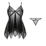 Deep V Lace Thong Ruffle Bra & Pajama Set