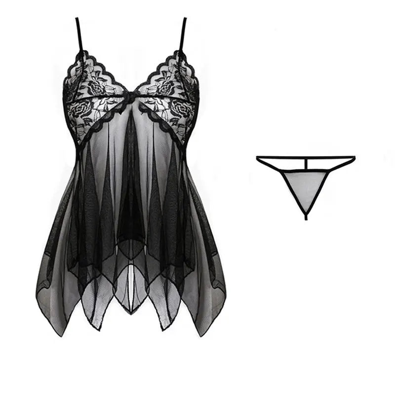 Deep V Lace Thong Ruffle Bra & Pajama Set