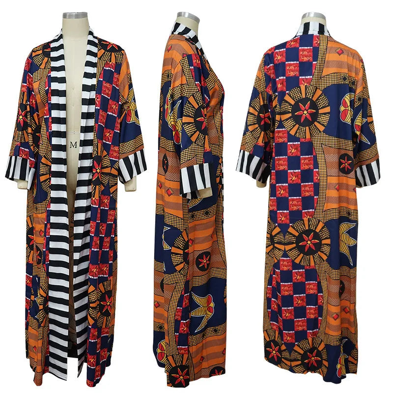 African Ethnic Print Loose Long Trench Coat Streetwear