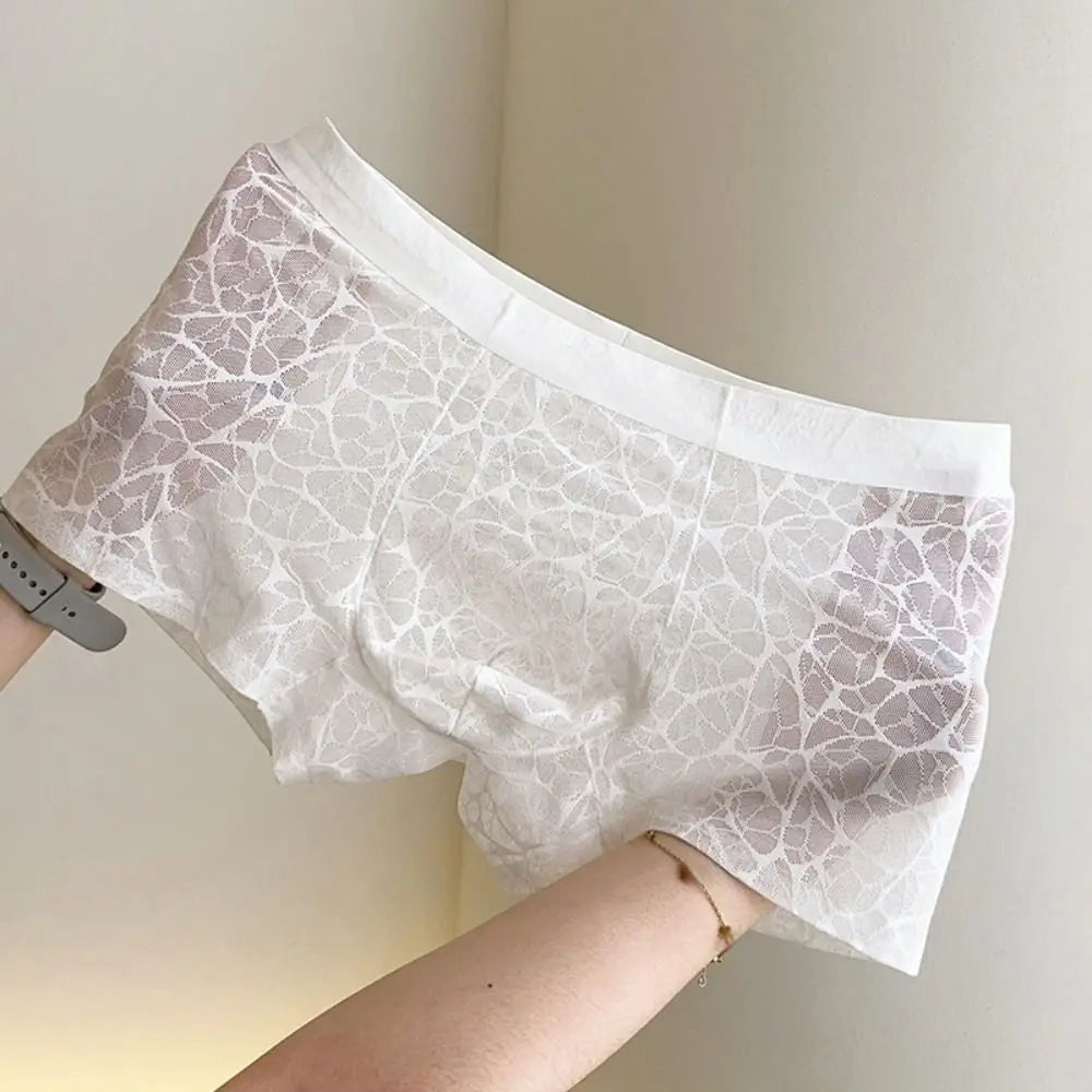 Fashion Underpants Men Boxer Briefs Ice Silk Quick Dry Lace Shorts Boxers Breathable Mesh Thin Underwear for Men Gift