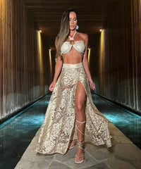 Summer High Waist Split Top With Long Skirt