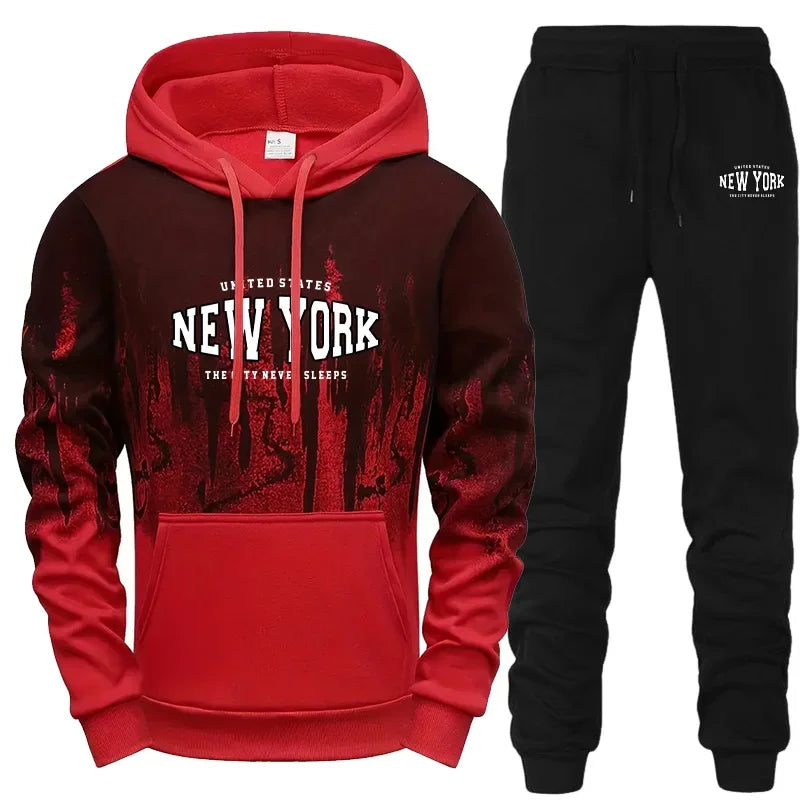 Autumn Winter Mens Tracksuit Casual Printing Splash-ink Hooded Sweatshirts Daily Sports Jogging Clothing Single Piece Tops Pants