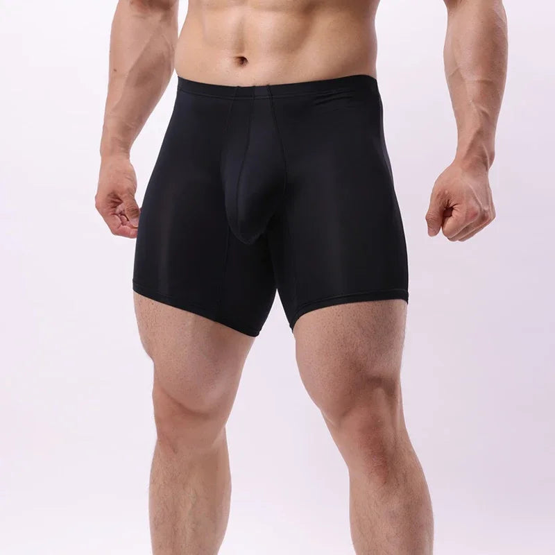EUR Size Men Long Leg Boxer Shorts Underwear Mid Waist Sexy U Big Pouch Thin Panties Ice Silk Male Breathable Sports Underpants