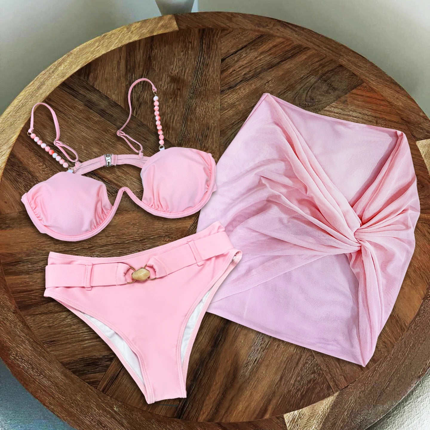 Pink Micro Beads Bandeau Bikini Set