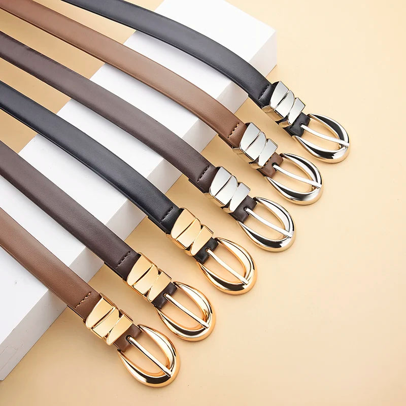 Women's Slim Fit PU Belt, Fine Waistband, Denim Pants, Formal Pants, Fashionable Black Belt with Gold Buckle